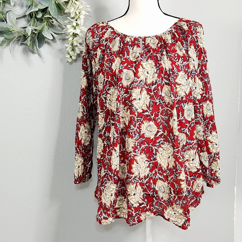 Chaps Red / Cream Floral Peasant Long Sleeve Blouse, XL